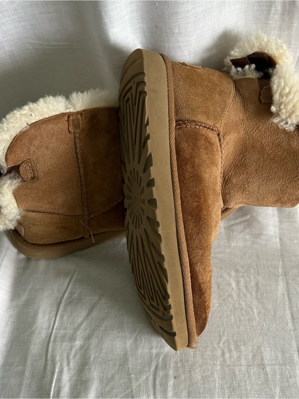 UGG Mini Bailey Bow II Boots Chestnut Brown Soft Suede Sheepskin Lining Size 7 - Picture 8 of 8